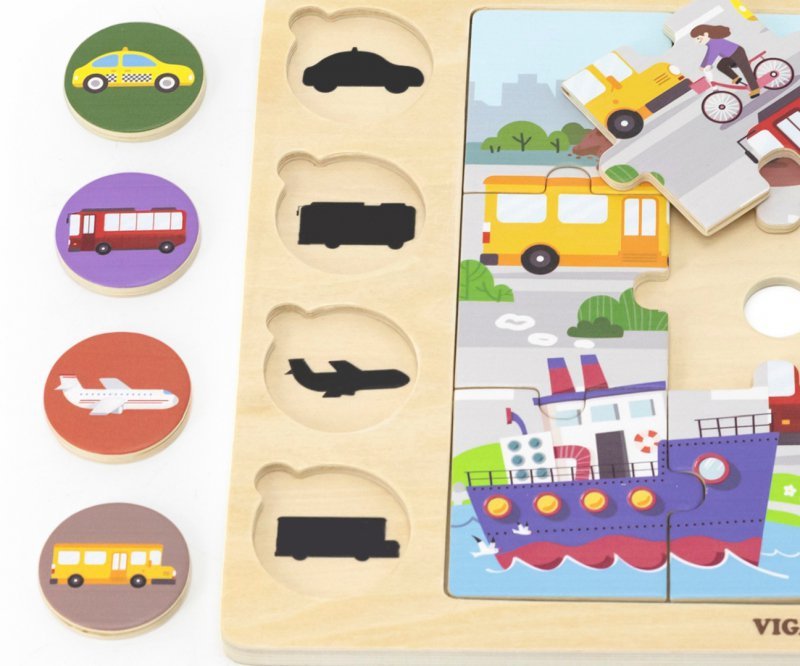 Viga Zestaw puzzli na podkładce- dopasuj cienie - środki transportu