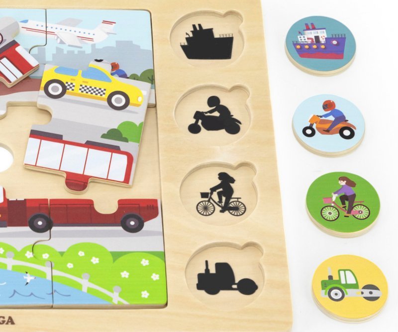 Viga Zestaw puzzli na podkładce- dopasuj cienie - środki transportu